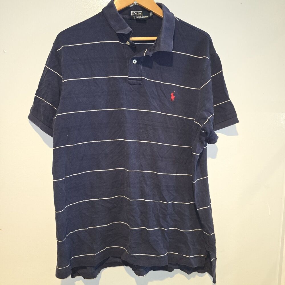 Polo Ralph Lauren ~ Shirt Men Sz XXL - 3 Button Knit Polo Striped Navy Vintage